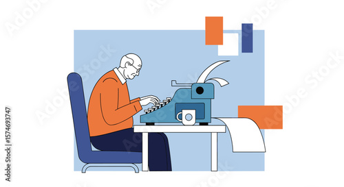 An elderly gentleman with glasses is diligently typing on a vintage typewriter creating a story or article on his desk