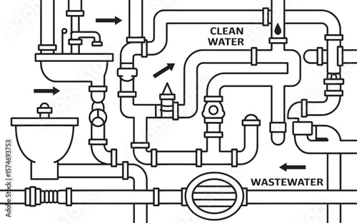 Detailed Diagram of a Complex Plumbing System, plumbing, plumbing diagram, plumbing engineering, plumbing control, Pipe Diagram, Plumbing Blueprint, Water Pipeline