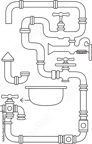 Detailed Diagram of a Complex Plumbing System, plumbing, plumbing diagram, plumbing engineering, plumbing control, Pipe Diagram, Plumbing Blueprint, Water Pipeline