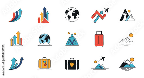 Collection of flat icons representing growth travel success and global business ventures