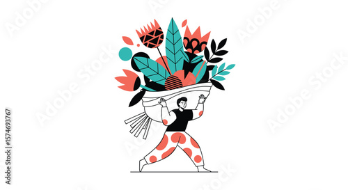 A person carries a large basket full of colorful blooming flowers and green leaves representing joy and abundance