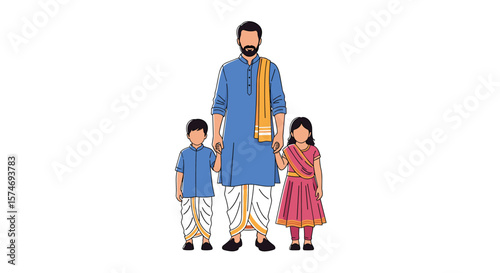 A father and his two children dressed in traditional indian attire celebrating family unity and cultural heritage together