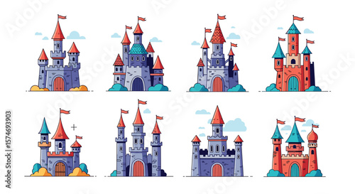 Collection of various fantasy medieval royal castles with flags under cloudy skies
