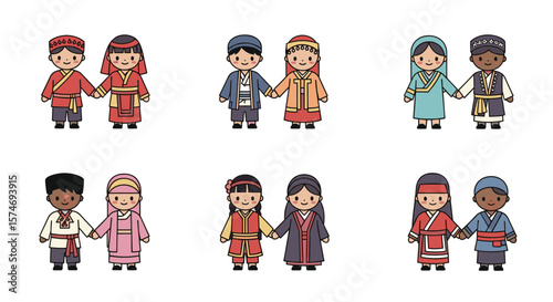 Diverse children in traditional clothing holding hands representing global unity and cultural diversity