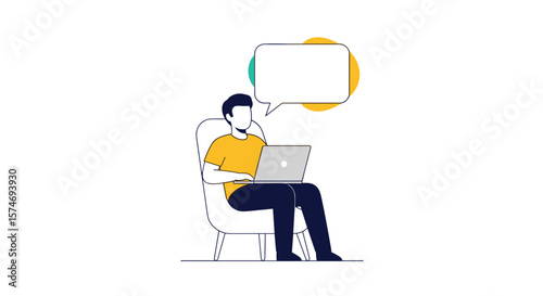 Person sitting in a chair and typing on a laptop with a speech bubble above their head symbolizing communication or ideas being shared