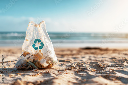 Plastic waste collected during beach cleanup, conceptual image of environmental awareness