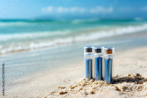 Battery pollution on the beach and its recycling, a visual concept for environmental protection