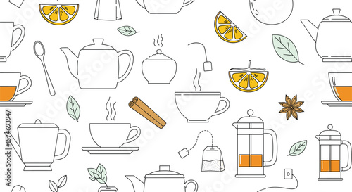 A delightful collection of various teapots cups spoons citrus slices and fresh mint leaves illustrating the joy of enjoying hot beverages
