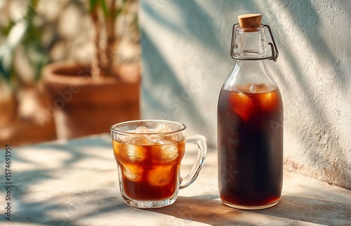 Cold brew Glass bottle and glass of cola with ice cubes on table outdoors