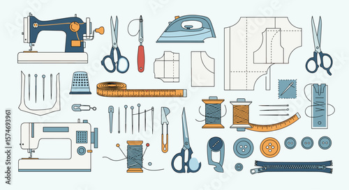 Collection of sewing tools and equipment illustrating the craft of garment creation and apparel manufacturing