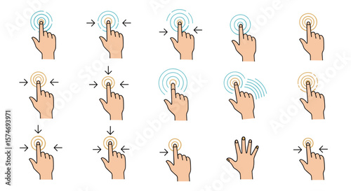 Collection of hand gestures demonstrating various touchscreen interactions and digital navigation actions for user interface design
