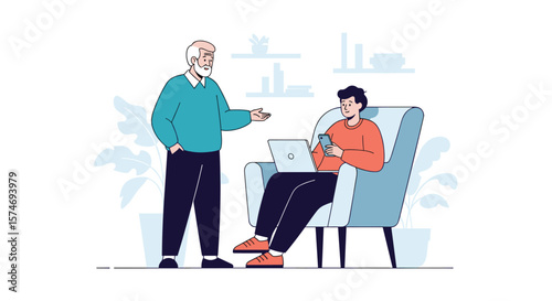 An older man is talking to a younger man sitting in a chair with a laptop on his lap inside a room