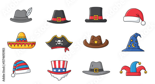 A collection of diverse headwear styles showcasing cultural and festive head coverings