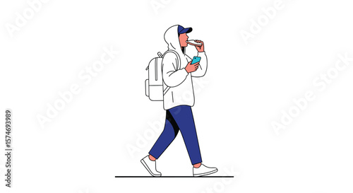 Young person wearing a hoodie and baseball cap enjoying a snack while walking and looking at their phone
