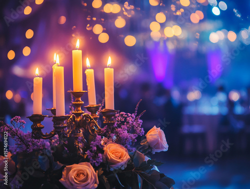 A close-up of a candelabra with lit white candles next to a bouquet of pink and white flowers, all set against a blurry purple background with bokeh lights.