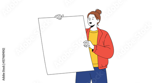Surprised woman holding up a blank sign with an open mouth and wide eyes on a white background
