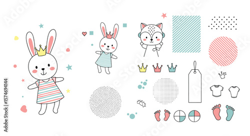 Adorable hand drawn baby animal illustrations for newborn celebrations and nursery decor featuring cute bunnies and foxes with whimsical elements