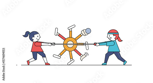Children enthusiastically playing tug of war with a colorful spinning wheel in a friendly competition