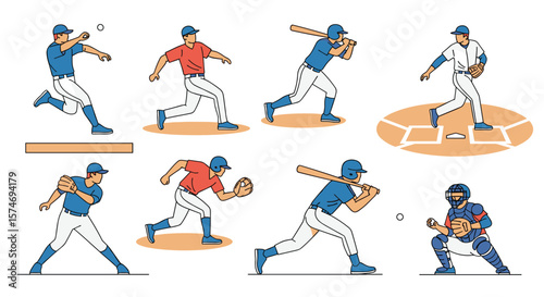 Baseball players in various action poses on a field demonstrating pitching batting catching and running during a game
