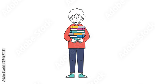 A young student stands holding a large stack of colorful books on a white background ready for learning and knowledge acquisition