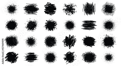 A collection of black ink splatter and brush stroke textures perfect for artistic backgrounds and graphic design elements