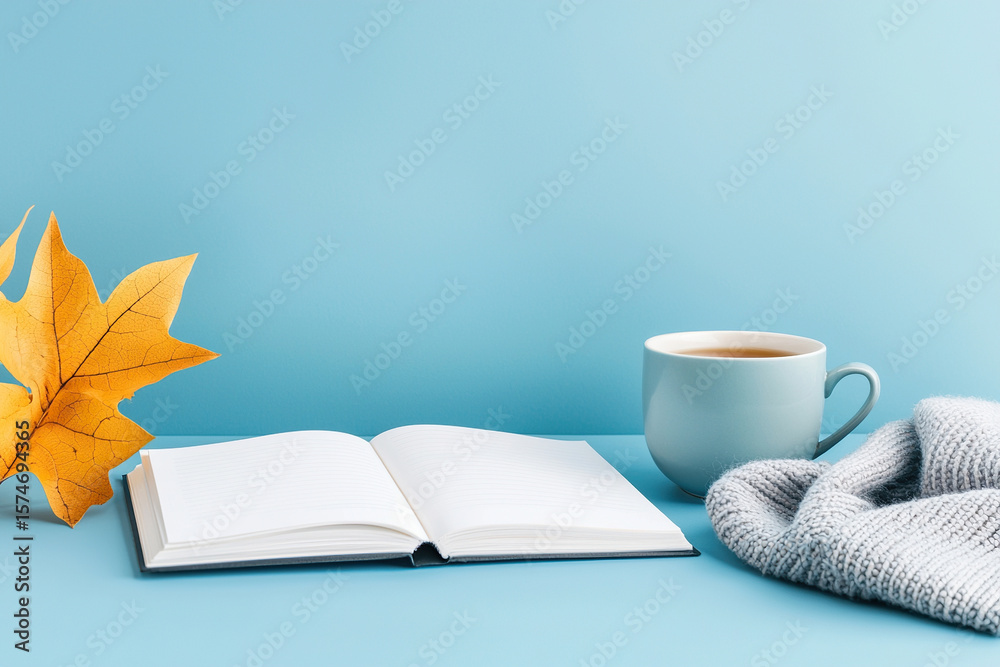 Naklejka premium Cozy home setup featuring open notebook, cup of tea, soft sweater, and vibrant autumn leaf, creating warm and inviting atmosphere for relaxation and creativity