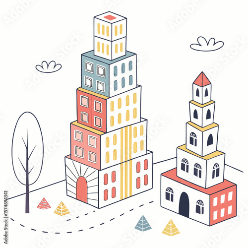 Illustration of stacked buildings with colorful blocks, a tree, pyramids, and clouds on a white background