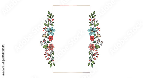 Elegant floral border design with delicate flowers and leaves on white background for invitations cards and decorative projects