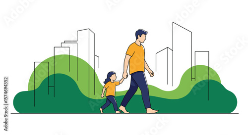 Father and daughter enjoying a walk together through a green city landscape with stylized buildings representing growth and development