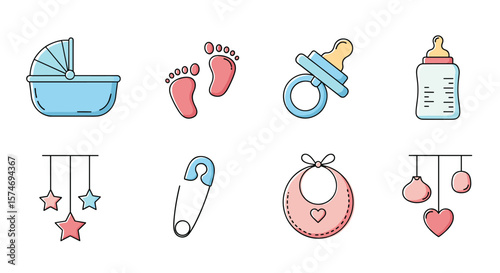 Set of cute baby icons for newborns and infants representing essential items for childcare and development