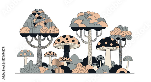 Enchanting woodland scene featuring whimsical fungi and abstract trees in a dreamy palette