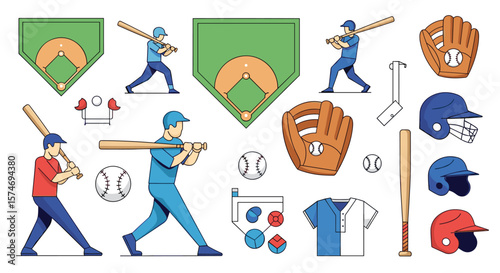 Illustrative collection of baseball elements equipment and player actions for sports enthusiasts