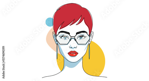 Stylish woman with red hair and geometric glasses exuding confidence and modern fashion appeal