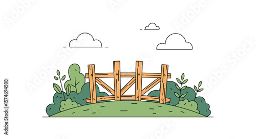 A charming wooden farm gate stands open on a grassy hill surrounded by lush green bushes and trees under a bright sky with fluffy white clouds creating a serene rural landscape scene