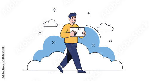 Happy man carrying a delivery package walking forward with cheerful expression during daytime delivery service