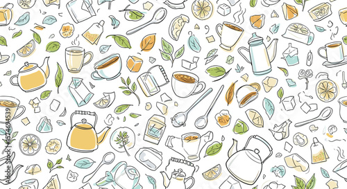 Charming hand drawn tea party pattern featuring teacups kettles spoons leaves and sugar cubes