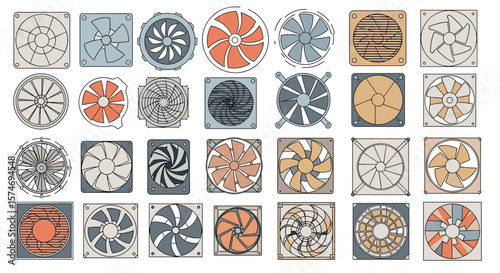 Collection of diverse computer cooling fans and ventilators showing various designs and blade configurations for optimal airflow and heat dissipation solutions
