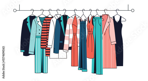 Diverse collection of stylish apparel hanging on a clothes rack ready for display or wardrobe selection