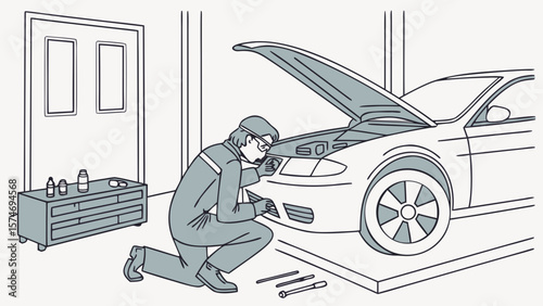 Mechanic repairing car engine and wheel on roadside