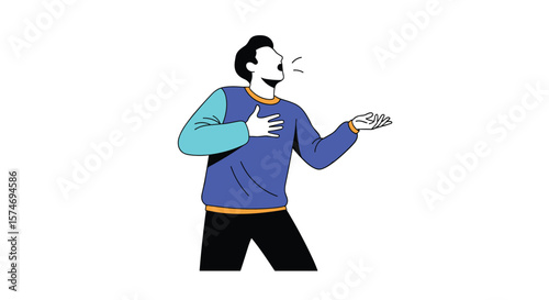 Excited man sharing a story with animated gestures and a beaming smile expressing joy and enthusiasm