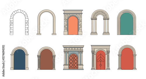 A collection of architectural entrance designs showcasing diverse archways and doorways representing various styles and materials