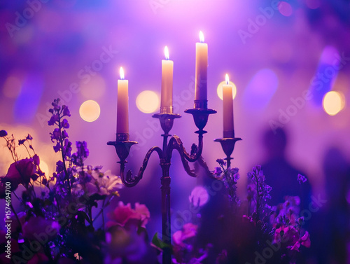A close-up of a candelabra with lit white candles next to a bouquet of pink and white flowers, all set against a blurry purple background with bokeh lights.