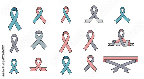 Collection of awareness ribbons in various colors and styles representing different causes and support movements globally