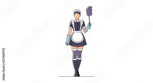 A professional maid dressed in a classic french outfit with a duster ready to clean and sanitize your home thoroughly