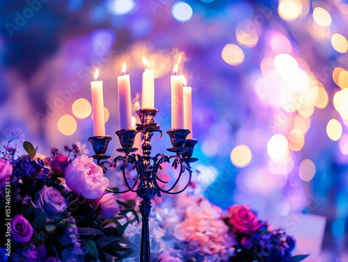 A close-up of a candelabra with lit white candles next to a bouquet of pink and white flowers, all set against a blurry purple background with bokeh lights.