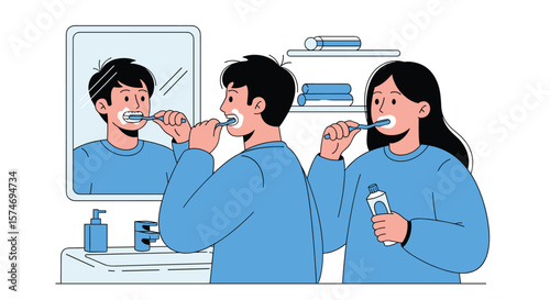 Healthy habits a man and woman brushing teeth in the morning bathroom routine
