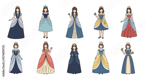Collection of ten elegant princesses in elaborate gowns and royal crowns illustrating diverse fashion styles and regal poses