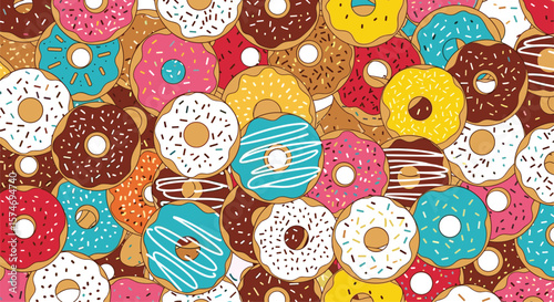 A delicious assortment of colorful frosted donuts covered in sprinkles and drizzles ready to be eaten for breakfast