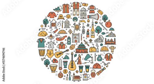 Diverse cultural icons representing global heritage and traditions in a circular design