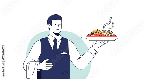 Elegant waiter serving a delicious plate of pasta with red sauce and steaming hot food presentation style